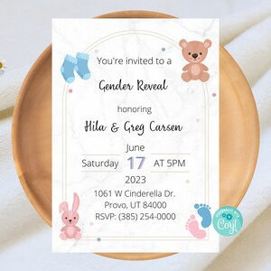Baby Teddy Bear Gender Reveal Invitation, Pink or Blue, Boy or Girl, He or She, Baby on the way, Digital Invite, Instant Download