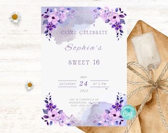 Floral Purple Sweet Sixteen Birthday Invitation Template, 16th Party, Teenager Girl, Editable Digital Invite, Instant Download