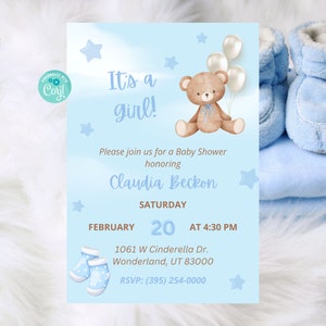 Blue Teddy Bear Baby Shower Invitation, It&#39;s a Boy Party, Digital Invite, Instant Download