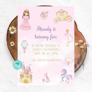 Pink Princess Birthday Invitation, Girl Party, Fairytale Theme, Kids Invite, Digital Download