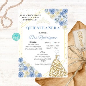 Blue and Gold Quinceañera Invitation, Mis Quince Años, 15th Birthday Party, Digital Invite, Instant Download
