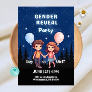 Invitación para revelar el género de tu bebé, fiesta azul o rosa, niño o niña, descarga digital