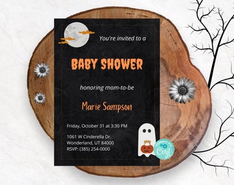 Spooky Halloween Baby Shower Invitation, Black and Orange Theme, Ghost Trick-or-Treating, Editable Digital Template, Instant Download