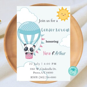 Panda Gender Reveal Invitation, He or She, Boy or Girl, Pink or Blue, Baby on the way, Digital Invite, Instant Download