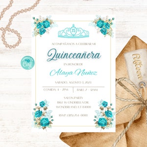 Turquoise Gold Quinceañera Invitation Template, Mis Quince Años, 15th Birthday Party, Invite, Digital Instant Download