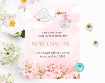 Pink Floral Pregnancy Announcement, Baby Girl Reveal, Stork Theme, We're Expecting, We're Pregnant, Digital Download