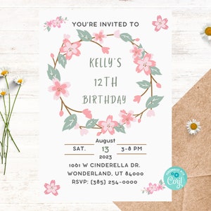 Teenager Girl Birthday Invitation Template, Pink Flowers, Teen Party, Editable Digital Invite, Instant Download
