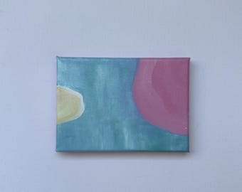 Piccolo dipinto astratto dai colori pastello, opera originale ad olio su tela, 15x10 cm, decorazione murale minimalista.