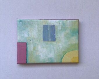 Piccolo dipinto astratto, opera d'arte originale ad olio, 6x4 pollici, verde pastello, decorazione murale minimalista