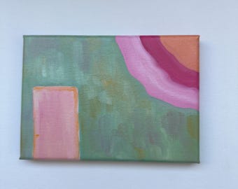 Piccolo dipinto astratto, opera d'arte originale ad olio, 6x4 pollici, verde pastello, decorazione murale minimalista