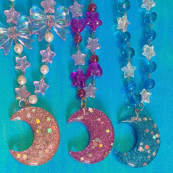 Kawaii moon necklace, fairy kei jewelry, resin moon necklace