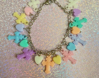 Pastel Charm Bracelet, Kawaii Jewelry, Cross Charm Bracelet