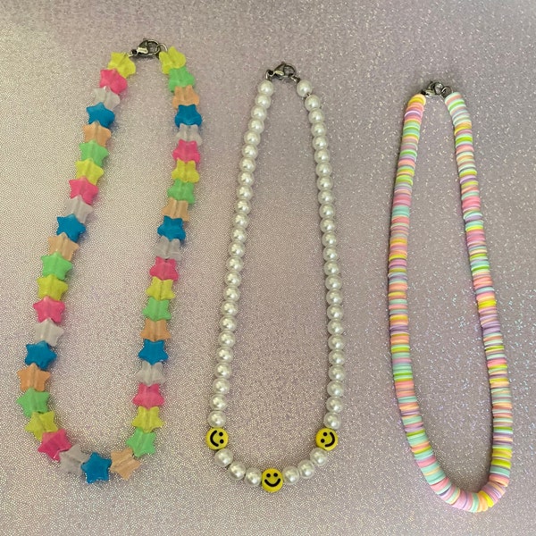 Smiley face necklace, decora kei jewelry, pastel beaded necklace