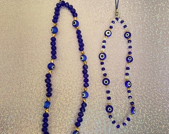 Blue evil eye beaded phone charm, evil eye phone charm