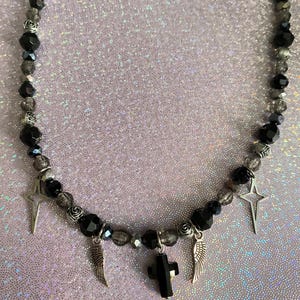 Goth beaded necklace, black cross necklace