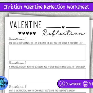 May include: A white worksheet with the title "Christian Valentine Reflection Worksheet" in a purple banner. The worksheet includes the word "VALENTINE" and prompts for reflection. A button reads "Download Print".