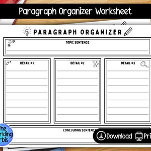 Könnte beinhalten: Ein schwarz-weißes Arbeitsblatt zum Thema Absatzorganisator mit dem Titel "Paragraph Organizer Worksheet" oben. Das Arbeitsblatt enthält Abschnitte für einen Themensatz, Details und einen Schlusssatz. Das Logo The Sparkling Orbis befindet sich in der unteren linken Ecke.