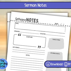 Notas de sermones imprimibles en PDF / Notas de la iglesia / Descarga instantánea / Tamaño carta (EE. UU.) y A4