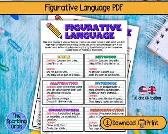 May include: A white educational PDF document titled Figurative Language featuring a yellow pencil icon. The page contains six boxed sections defining and providing examples for simile, metaphor, alliteration, hyperbole, onomatopoeia, and personification.