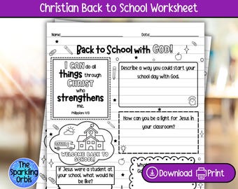 May include: A Christian back-to-school worksheet with the text "Back to School with GOD!" and the Bible verse Philippians 4:13. The worksheet includes prompts for reflection and a "Download Print" button.