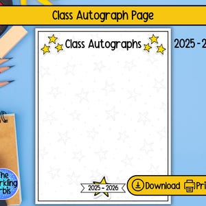 May include: A white Class Autograph Page with star accents and the text "Class Autographs" and "2025-2026". The page has a black border and is on a blue background. Includes a "Download" and "Print" button.
