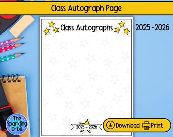 Printable Class Autographs Page | Yearbook Page | Autographs | Signatures | 2025-2026 | Keepsake | US Letter and A4