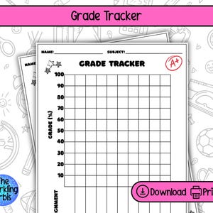 Puede incluir: Una hoja de seguimiento de calificaciones blanca con un encabezado rosa que dice "Grade Tracker". La hoja tiene una cuadrícula para el seguimiento de calificaciones, con etiquetas para el nombre, la materia y el porcentaje de calificación. Un botón en la parte inferior dice "Descargar" e "Imprimir".