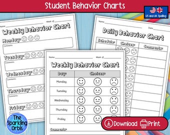 Puede incluir: Conjunto de gráficos de comportamiento estudiantil imprimibles, con formatos diarios y semanales. Los gráficos incluyen espacios para nombres, fechas y comentarios, y utilizan emojis de caras sonrientes para rastrear el comportamiento. El título es "Student Behavior Charts".