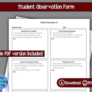 Formulario de observación de estudiantes editable / Seguimiento de informes de docentes / Escribir a máquina o a mano