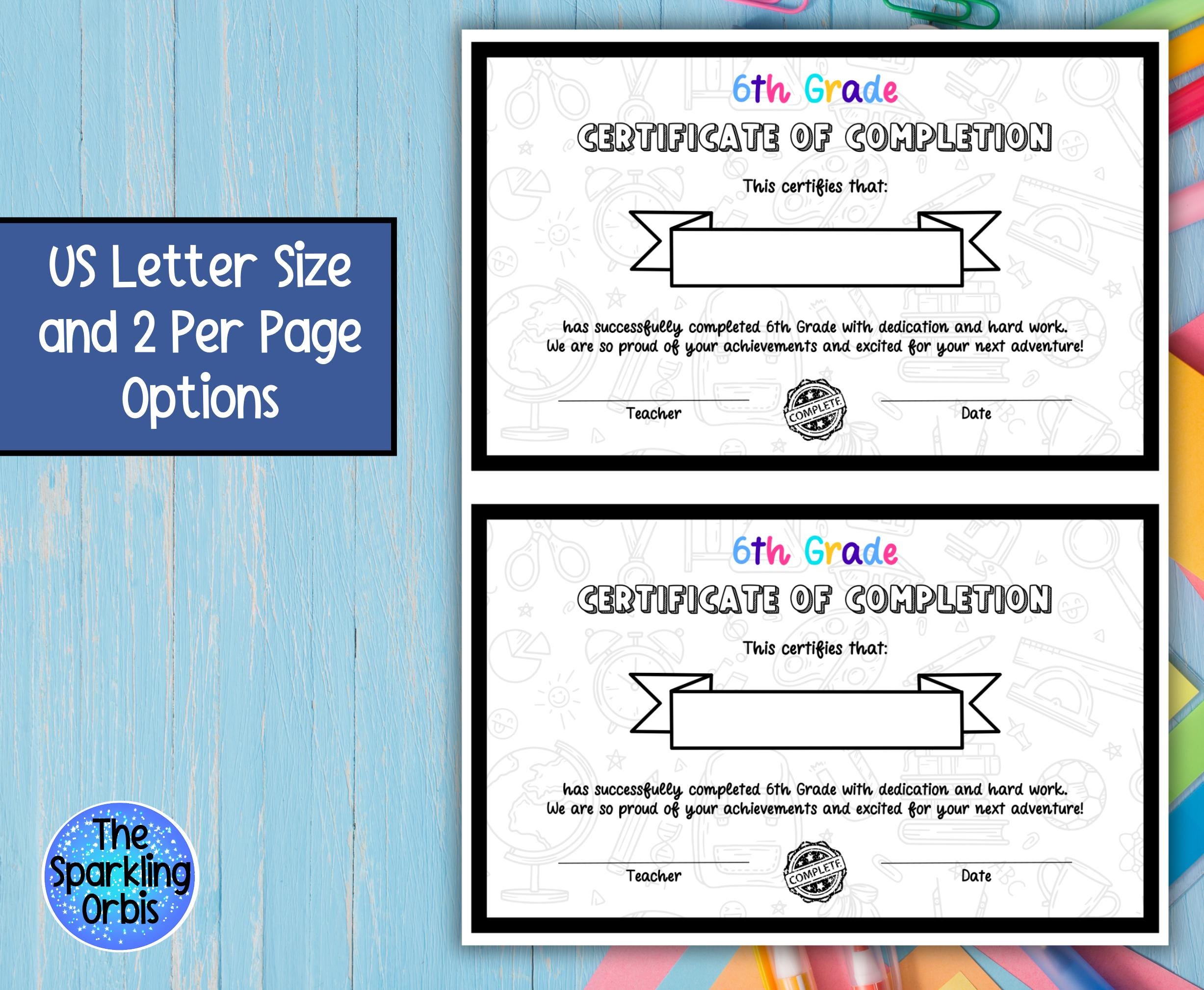 Sixth Grade Certificate of Completion | Printable and Editable | PDF ...