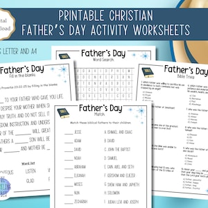 Hojas de actividades imprimibles para el Día del Padre Cristiano / Día del Padre / Sopa de letras, Trivialidades bíblicas, Padres bíblicos, Completar los espacios en blanco / PDF /