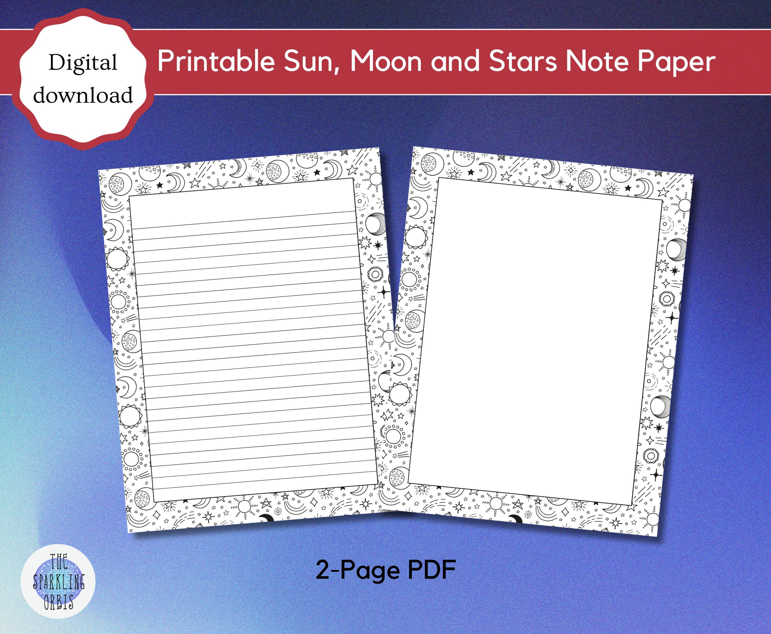 Printable Sun, Moon and Stars Note Paper | 8.5x11in | A4 | Lined and ...