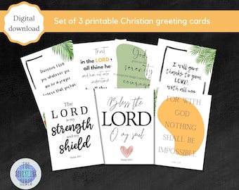 May include: Set of three printable Christian greeting cards featuring inspirational quotes and verses from the Bible. The cards have a green and white tropical leaf design and a yellow background.