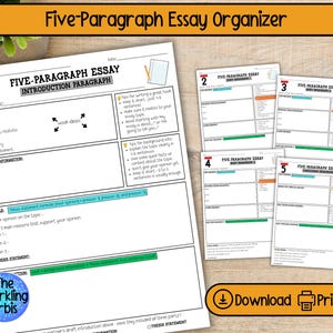 May include: A printable five-paragraph essay organizer with a title at the top. The organizer includes sections for the introduction, body paragraphs, and conclusion. The text includes tips for writing and a place to download and print.