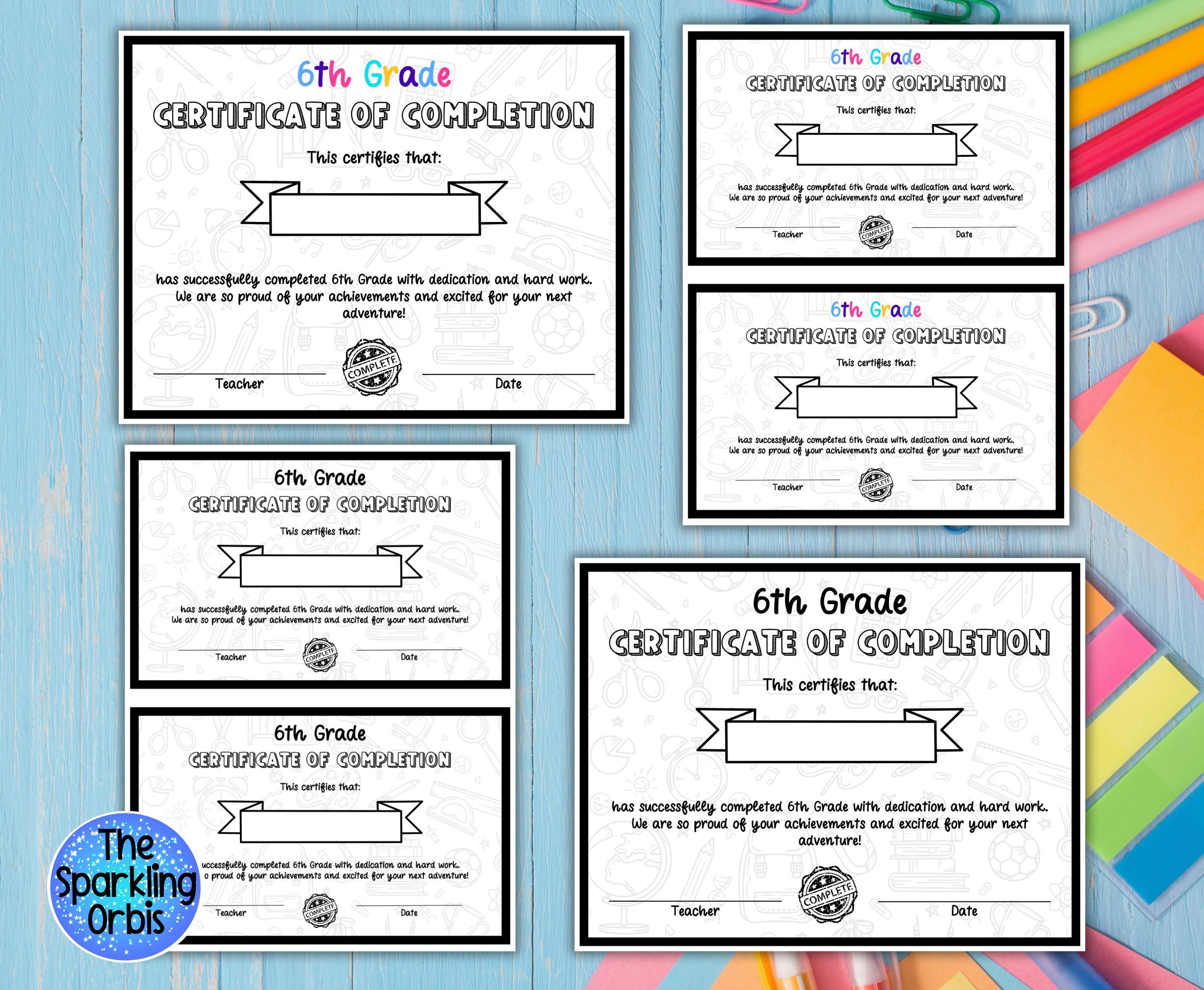 Sixth Grade Certificate of Completion | Printable and Editable | PDF ...