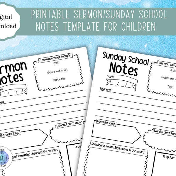Printable Sermon Notes Template for Children | Sermon Notes | Church Notes | Sunday School Notes | PDF | US Letter and A4 sizes