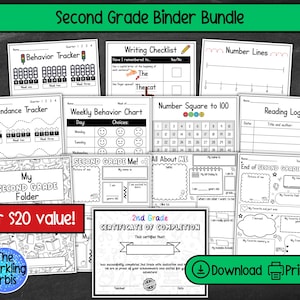 May include: A collection of printable second-grade binder pages, including behavior trackers, writing checklists, and reading logs. The bundle also includes a certificate of completion and a "Second Grade Me!" section. The text "Second Grade Binder Bundle" is at the top.