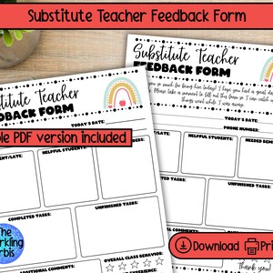 Editable Substitute Teacher Feedback Form | Classroom Report |   Fillable PDF | Type or Write by Hand