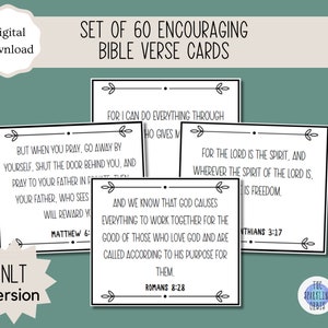 Juego de 60 tarjetas imprimibles con versículos bíblicos / Para inspirar y animar / Tarjetas de memorización de versículos bíblicos / Escrituras / NLT / 8,9 x 7,6 cm / PDF