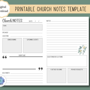 May include: Printable church notes template with sections for topic, speaker, location, songs/hymns, upcoming events, scripture, key points, questions/reflections, further reading, and prayer requests. The template has a floral design in the top right corner.