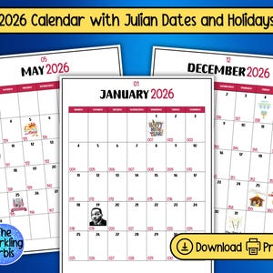 2026 Printable Julian Calendar | 8.5 x 11 in | Government and Military Calendar | Calendar with holidays and images | PDF