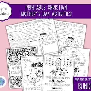 Paquete de actividades cristianas para el Día de la Madre para imprimir / Actividades para el Día de la Madre / Tapete de actividades y hojas para colorear / Escuela dominical / Tamaño carta A4 de EE. UU.