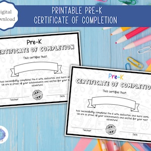 Certificado de Conclusão Pré-K para Impressão | Pré-K | Escola Elementar | Graduação | Diploma | Colorido e Preto e Branco | Carta dos EUA