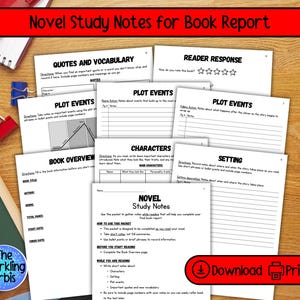 May include: A collection of white paper novel study notes with headings like "Quotes and Vocabulary" and "Plot Events." The notes are on a wooden surface with a red border at the top that reads "Novel Study Notes for Book Report."