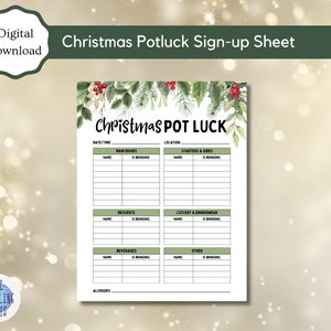 Könnte beinhalten: Ein digitaler Download für eine Weihnachts-Potluck-Anmeldekarte. Das Anmeldeformular hat Abschnitte für Hauptgerichte, Vorspeisen & Beilagen, Desserts, Besteck & Geschirr, Getränke und Sonstiges. Das Blatt ist mit grünen Blättern und roten Beeren verziert.
