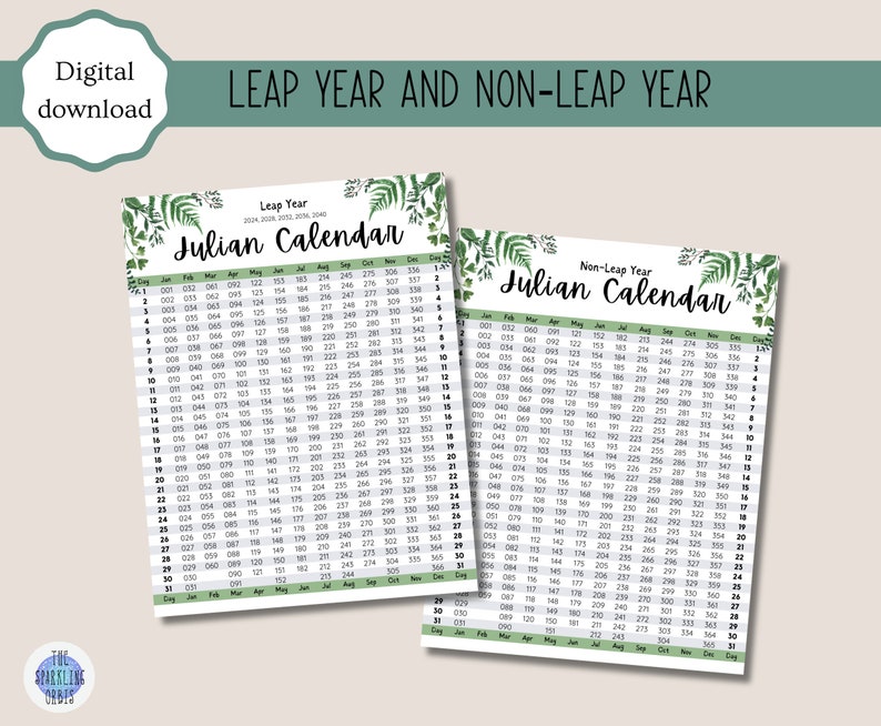 Julian Calendar Military and Government Leaf Design Digital Download Printable PDF Leap Year and