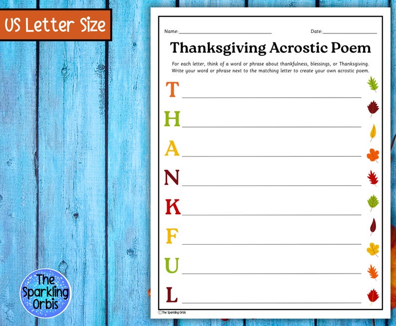 Printable Thanksgiving Acrostic Poem Worksheet | Thanksgiving ...