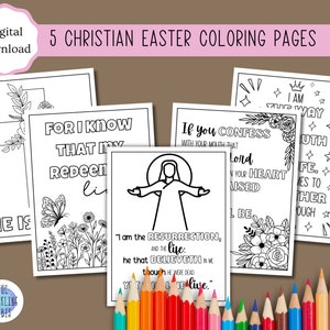 Conjunto de 5 páginas para colorear con versículos bíblicos para imprimir / Actividades cristianas de Pascua / Hojas para colorear de Pascua / Tamaño A4 y carta de EE. UU.