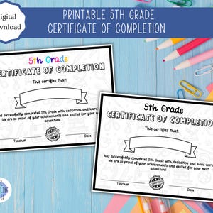 Certificado de Conclusão do 5º Ano para Imprimir | 5º Ano | Ensino Fundamental | Graduação | Diploma | Colorido e Preto e Branco | Carta dos EUA