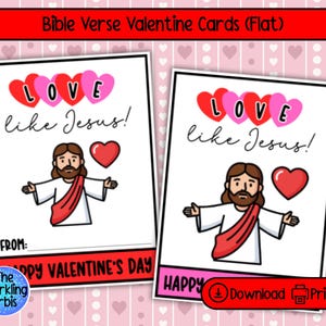 Könnte beinhalten: Zwei Valentinstagskarten mit dem Text "LOVE like Jesus!" und einer Illustration von Jesus mit einem roten Herzen. Die Karten haben ein rotes Banner mit der Aufschrift "HAPPY VALENTINE'S DAY". Das obere Banner lautet "Bible Verse Valentine Cards (Flat)".
